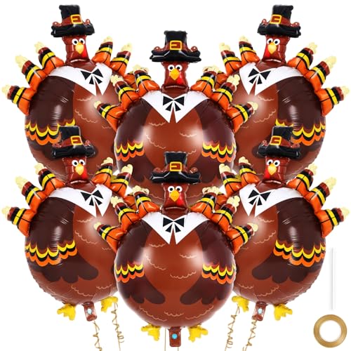 6 Pcs Turkey Balloons Thanksgiving Foil Balloons Fall Harvest Party Decorations Fall Party Balloons for Birthday Thanksgiving Autumn Fall Theme Party Decorations