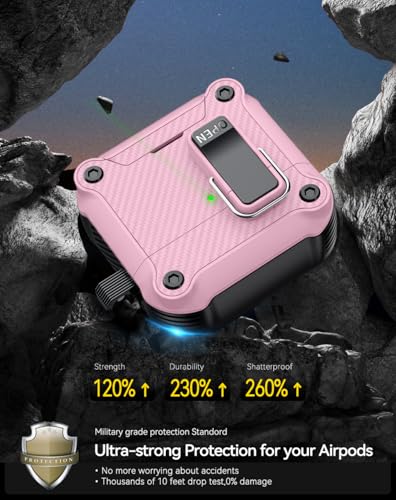 Image of Pohgelan for AirPods 4 Case with Safety Lock-Pink | Carbon Fiber Texture Cover,Magnetic Automatic Lock with Cleaning Kit&Keychain,Compatible with Magsafe