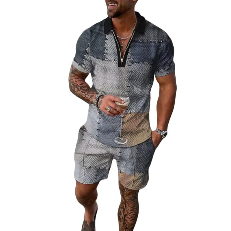 Ensemble polo zippé haut de gamme et short pour homme : maille texturée et rayures