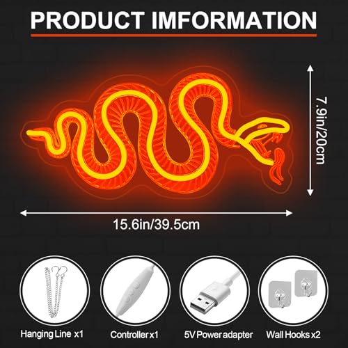 Image of Snake Skeleton Neon Sign, Orange Snake Bone Sign, Handmade Light Sign, Snake Skull Decor, Goth Room Decor, Gifts For Snake Lover, 15.6 inchx7.9 inch