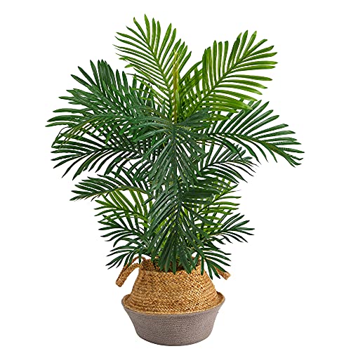 Nearly Natural 40in. Areca Artificial Palm Tree in Boho Chic Handmade Cotton & Jute Gray Woven Planter UV Resistant (Indoor/Outdoor)