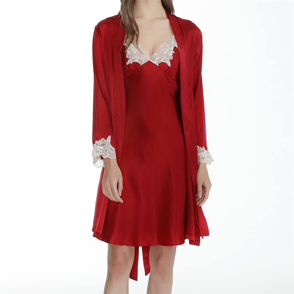 Hanging Pajama Dress Two Piece Set Lace Morning Robe Pajamas Silk Nightgown Women's Summer Sexy (D XX Large)