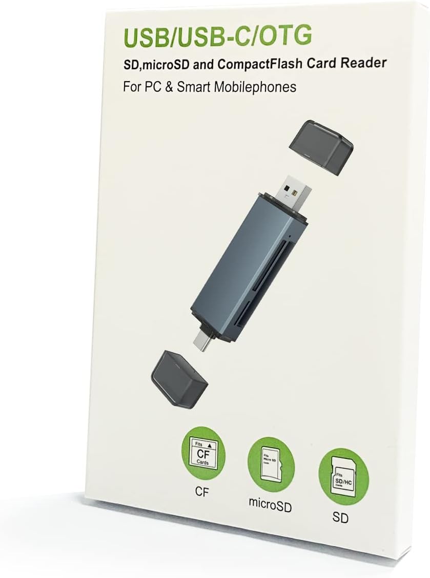 Memory Card Reader, CF/SD/TF 3 in 1 Card Reader, Aluminum Dual Connector USB 2.0 USB C SD Card Reader Compact Flash Reader Adapter Supports CF/SD/MicroSD for PC, MacBook Pro/Air, iPad, Galaxy S23/S22