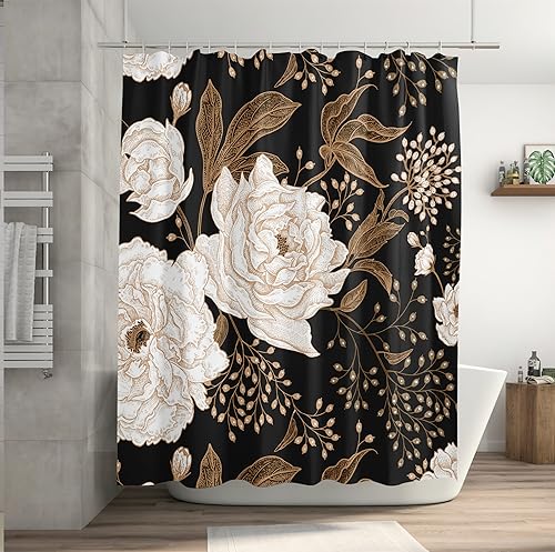 BIVINAR Black and Gold Boho Floral Shower Curtains, Waterproof Fabric Watercolor Black Flowers Bathroom Boho Shower Curtain with 12 Hooks, Black Gold Plant Leaf Shower Curtain 72 x 72 Inch by BIVINAR - Used condition - Image 7