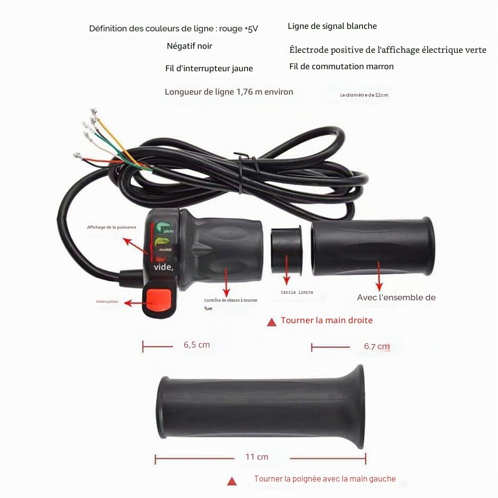JOYSOG Poignée d'accélérateur de vélo électrique, 36 V/48 V Trottinette électrique avec 3 vitesses Affichage de la puissance Poignée fendue