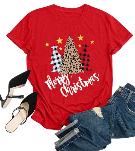 tiorhooe Christmas T Shirts Women Christmas Tree Shirt Ladies Merry Christmas Tee Shirt (B-Red1,L) - Image 4