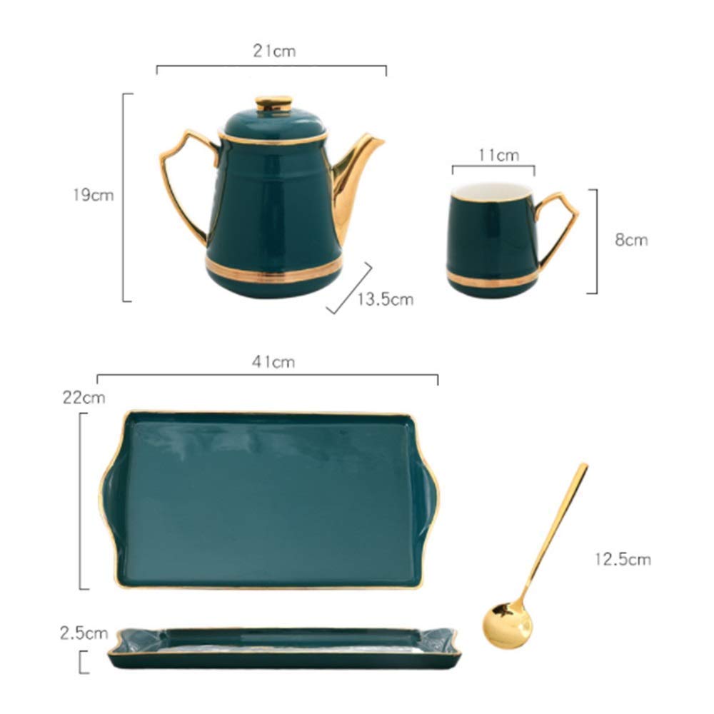 Juego de Tazas de té y café de cerámica de Estilo nórdico con Detalles Dorados. Incluye 6 Tazas y cucharas de té con Bandeja de cerámica para Tetera (Juego de 14 Unidades en Verde)