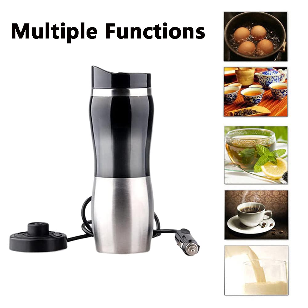 Taza eléctrica para coche de 12 V, 400 ml, termo portátil de viaje de acero inoxidable, taza de agua calentada, hervidor eléctrico con cargador de encendedor de cigarrillos