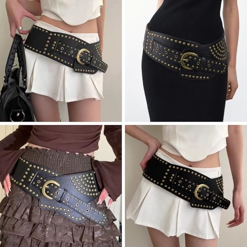 JUMISEE Women Vintage Studded Rivets Wide Leather Belt Western Chunky Waist Belt Y2k Grunge Cowboy Waistband4