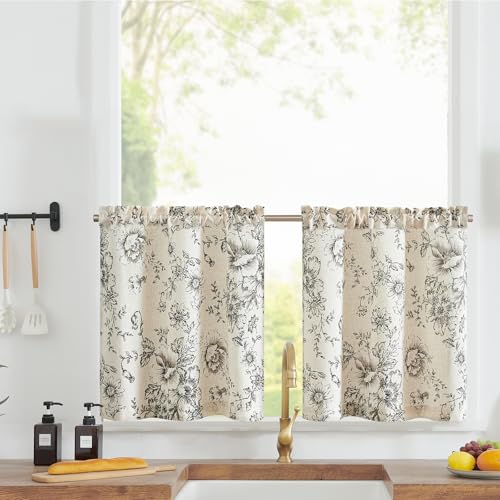 jinchan Floral Linen Tier Curtains 24 Inch Farmhouse Botanic Cafe Drapes for Small Windows Rustic Half Window Curtains for Kitchen Living Room Bathroom Laundry 2 Panels Black on Beige