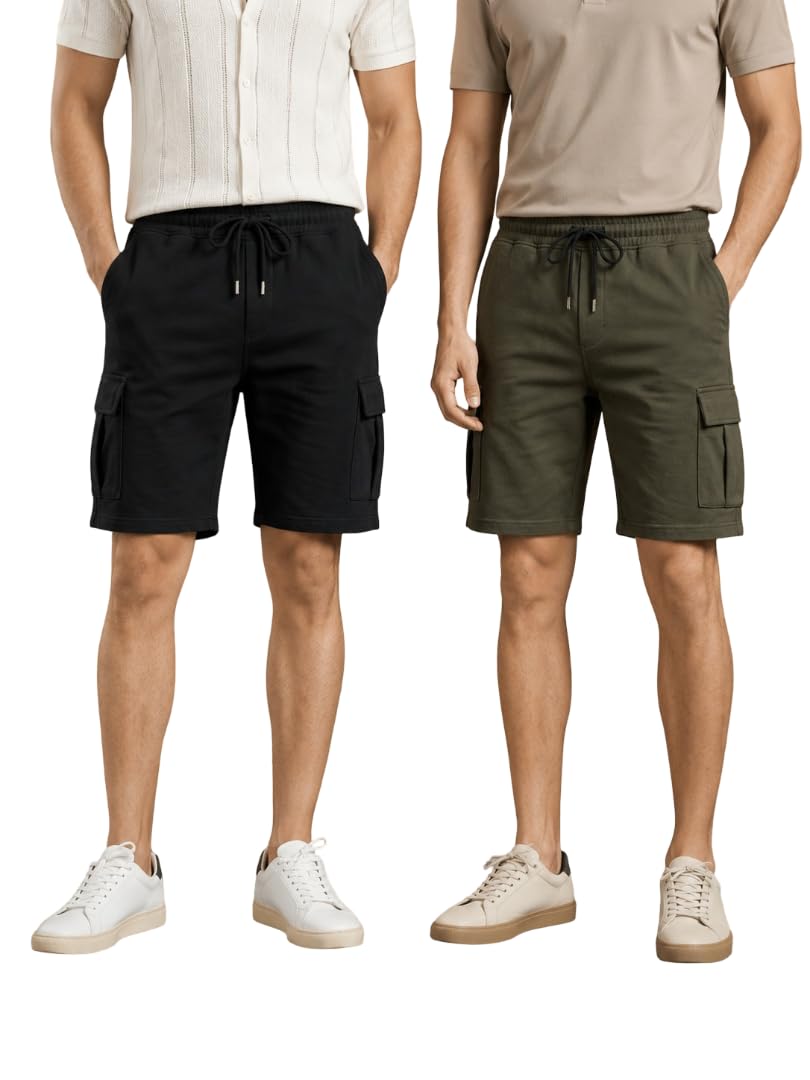 ALZA Mens Black_Grey Solid Casual Sweat Cargo Cotton Shorts Combo (Pack of 2) Drawstring Elastic Waist Athletic Workout Gym Jogger Shorts & | Soft Breathable Lounge with 5 Pockets-picture-38