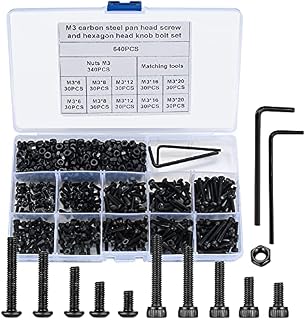 Kigniote 640 pcs M3 Hexagon Socket Bolts and Nuts Set, Carbon Steel pan Head Screws and hex Socket Head Cap Bolts Assortment Kit with 2 Hex Wrenches