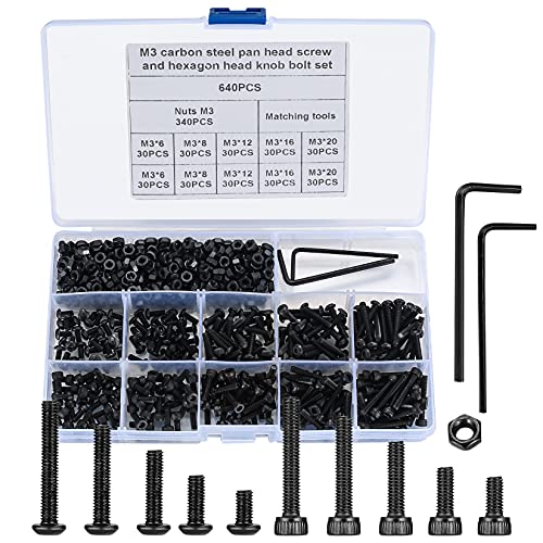 Kigniote 640 Stück M3 Innensechskantschrauben und Muttern Set, Flachkopfschrauben aus Karbonstahl und Innensechskantschrauben Sortiment Kit mit 2 Sechskantschlüsseln