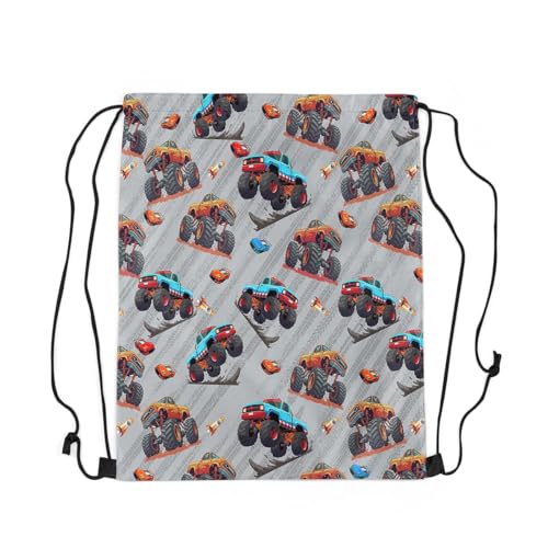 Cartoon Trucks Drawstring Backpack Blue Orange Off-Road Vehicle Gym Cinch Sack Sports Draw String Knapsack Grey Tire Print Cute Car Rocket Hippie Bag for Camping Climbing 13"x16"2