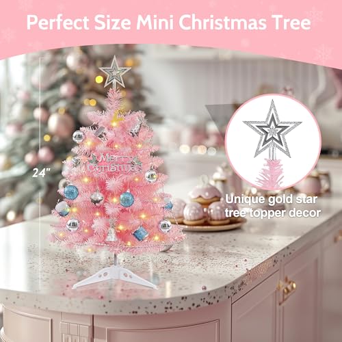 HOMDAILY Mini árvore de Natal rosa, árvore de Natal artificial pequena de 61 cm, árvore de Natal de
