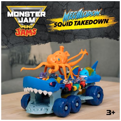 Image of Monster Jam Mini Jams Megalodon Squid Takedown Monster Trucks Playset | Exclusive Megalodon & Monster Manta Mini Toy Trucks, Catapulting Squid, Store & Launch, Pretend Play Gifts for Kids Ages 3+