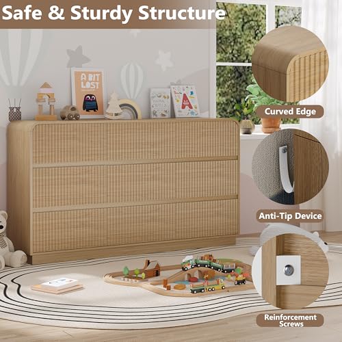Image of BORNOON Dresser for Bedroom with 9 Drawers, Fluted Chest of Drawers with Round Curved Corner, Hidden Handles, Modern Wood Storage Organizer for Bedroom, Nursery, Living Room