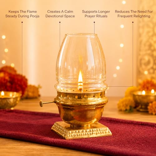 Image of P•TAL Brass Akhand Jyot Diya with Glass Cover - Handcrafted Long-Lasting Oil Lamp for Puja, Mandir & Festivals (1N) Small