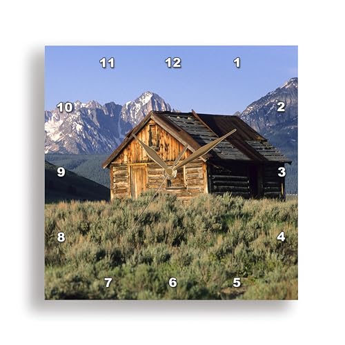 3dRose DPP_90004_2 Log Cabin and Sawtooth Mountains, Stanley, Idaho - US13 DFR0406 - David R. Frazier - Wall Clock, 13 by 13-Inch