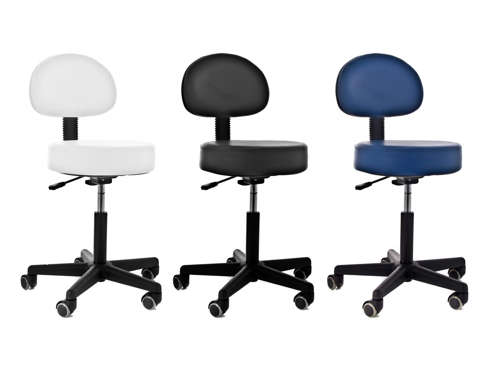 QUIRUMED Taburete con Respaldo, elevación a Gas, con 5 Ruedas, Color Negro, tapizado en Polipiel, Relleno de Alta Densidad, Altura Regulable, hasta 135 kg