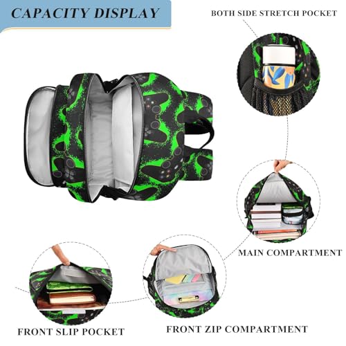 Black Green Video Game Backpack Girls Boys Elementary School Bags Bookbags Laptop Backpack Travel Daypack Safe Reflective Stripes4