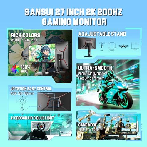 Image of SANSUI Gaming Monitor 27 inch 1440P 200Hz 180Hz WQHD 2560x1440-AMD FreeSync 1ms DCI-P3 95% Fast IPS Computer Monitor,Height Adjustable Vertical /Horizontal Rotating, 2xDisplayPort /HDMI 丨HDR丨Low Motion Blur