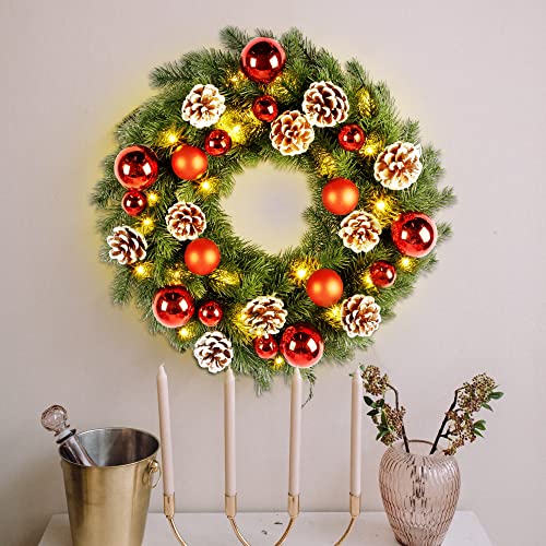Lulu Home Christmas Front Door Wreath, 15.7" Pre-Lit Wreath With Christmas Balls And Pine Cone, Battery Operated 40 Led Light Up Xmas Wreath Decorative Hanging Ornament #TOP3
