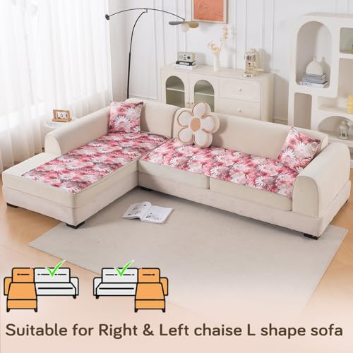 Image of HOKIPO 'Nature Muse' Premium HD Printed Holland Velvet L Shape (3+2 Seater) Sofa Cover Seat Mat, Blush Bouquet (IN-916-D6 + IN-918-D6)