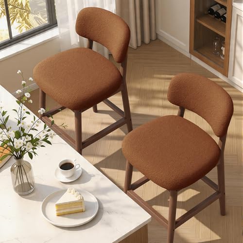 Image of Counter Height Bar Stools Set of 2, Mid-Century Modern Boucle Bar Chairs with Solid Wood Frame, Fluffy Upholstered Stools with Backrest for Kitchen Island, Home Bar, Caramel Brown