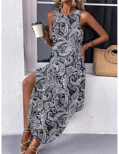 Image of Zeagoo Women Floral Summer Casual Beach Printed Tank Dress with Pockets Pleated Front Long Dress