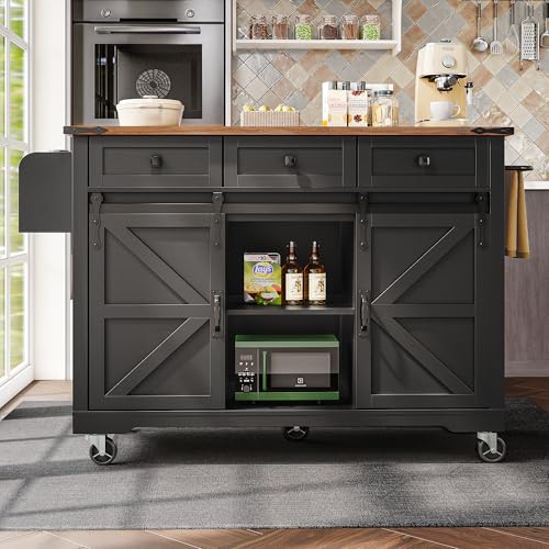 Merax Isla de cocina con encimera plegable, armario de cocina con 5 ruedas, con 2 puertas correderas y 3 cajones, 140 x 45 (73) x 94 cm, color negro