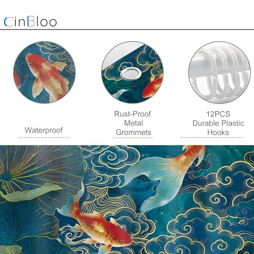 Cinbloo Japanese Chinoiserie 72Wx72H Shower Curtain Traditional Koi Fish Lotus Asian Oriental Plants Botanical Modern Landscape Teal Simple Bathroom Curtain Set Art Bath Bathroom Accessories Decor by Cinbloo - Image 6