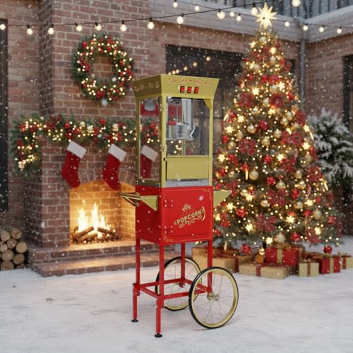 Image of Large Popcorn Machine with Cart: 12 Oz Vintage Commercial Popcorn with Foldable Stand Makes Up to 48 Cups, 3 Serving Cups, Measuring Cups & a Scoop for Home Party Office, Red