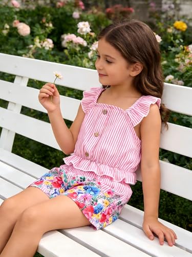 Image of Kids Toddler Girls Summer Clothes Button Design Striped Tank Top + Floral-Print Elastic Shorts 2 Piece Outfits
