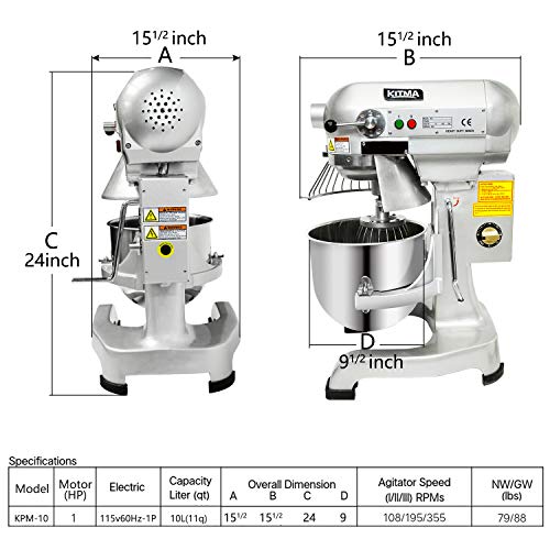 KITMA Commercial Food Mixer - 10 Quart 750W 3 Speed Heavy Duty Dough Mixer with Stainless Steel Bowl, Dough Hooks, Whisk, Beater, Safety Guard