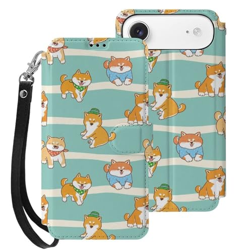 iPhone17Air用ケース 手帳型 柴犬 犬柄 アイフォン17Air用ケース 財布型 2025年新型 スマホケース PUレザー カード収納 スタンド機能 サイドマグネット ストラップ付き