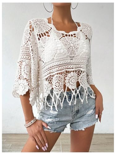 MakeMeChic Women's Crew Neck Crochet Swimsuit Cover Up 3/4 Sleeve Scallop Trim Beach Coverup2