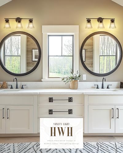 Image of Bathroom Vanity Light Fixture, HWH 3-Light Farmhouse Vanity Lights Over Mirror Bathroom Lighting Fixtures with Clear Striped Glass Shade, Oil-Rubbed Bronze Finish, 5HZG97B-3W ORB