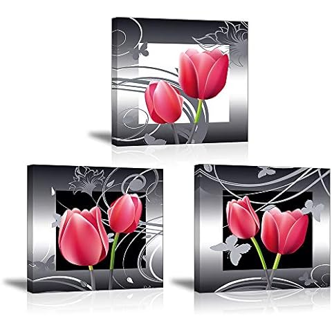 Piy Painting 3x Canvas Painting of Red Elegant Tulips Bloom Modern Beautiful Flower Wall Art Picture on Canvas Photo image with Frame Waterproof Wall Décor for Home as Birthday Gift Present 30x30cm Cover