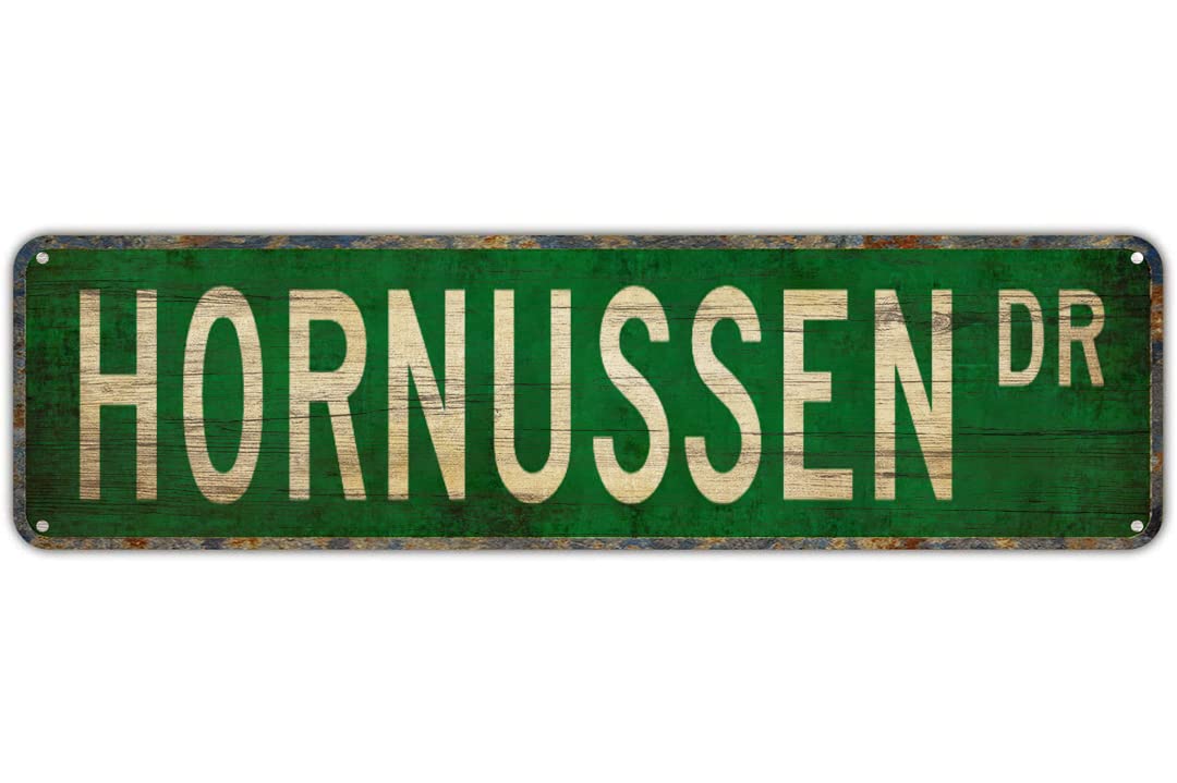 Peiyeety A005 Vintage Metal Tin Sign Hornussen Drive Street Sign, Retro Wall Decor For Home, Bar, Garage, Cafe, Man Cave, Sports Room, Game Room, Rustic Wall Art For Indoor And Outdoor Decoration, 4X16 Inch
