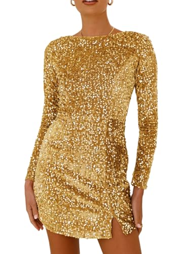 Image of R.Vivimos Women's Sequin Bodycon Dress Fall Winter Velvet Warm Long Sleeve Crew Neck Sexy Backless Glitter Slit Mini Dress