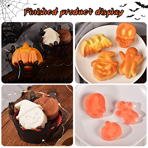 4Pcs Halloween Silicone Cake Mold, Silicone Baking Molds, Muffin Molds With Pumpkin, Evil Shape For Halloween Kitchen Diy Baking Tools To Make Chocolate, Cupcakes Mold (With 24 Cupcake Holders) #TOP3