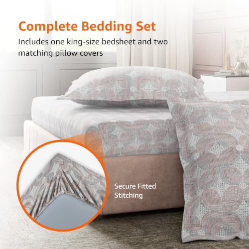 Image of Amazon Basics - 100% Cotton Fitted Bedsheet | 144TC |Fitted King Bed Sheet with 2 Pillow Cover|Soft Cotton | Geometric Print | 78 Inch x 72 Inch - 8 Inch Drop, Brown