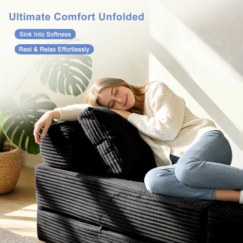 Image of ANONER Sectional Cloud Couch, Folding Sofa Bed with Memory Foam & Pillow, Convertible Futon Chair Floor Couch, Boneless Chaise Lounge, Fold Out Sleeper Chair for Living Room, Bedroom, Black
