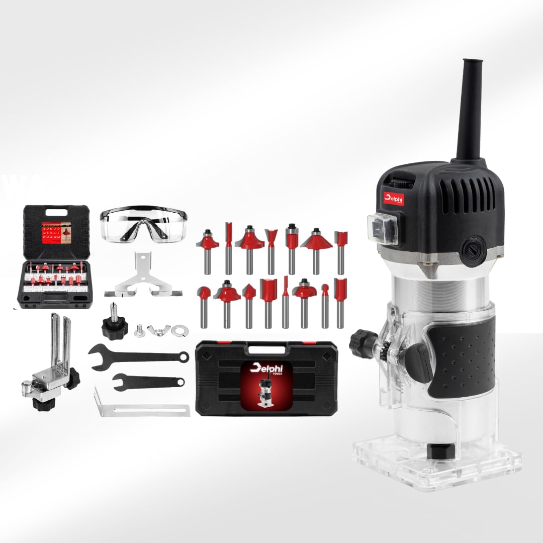 DELPHI Fresadora eléctrica de madera con maletín – 12 juegos de accesorios 800 W 330000 R/min 6,35 mm – Wood Router – Fresadora de bordes de madera para carpintería