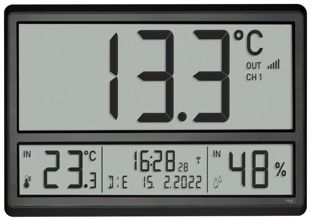 TFA Dostmann Orologio da parete digitale XL, 60.4523.01, con temperatura esterna e clima ambiente, radiocontrollato, visualizzazione 24 ore, data completa, nero, con batterie