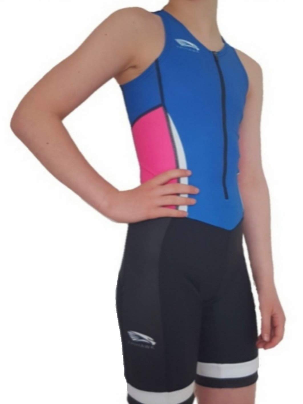 Trihawk Kids Triathlon Suit. WATER REPELLENT FAST DRYING PREMIUM FABRIC With Child Specific Triathlon Cycle Pad. Unisex. Bright pink and blue colour.