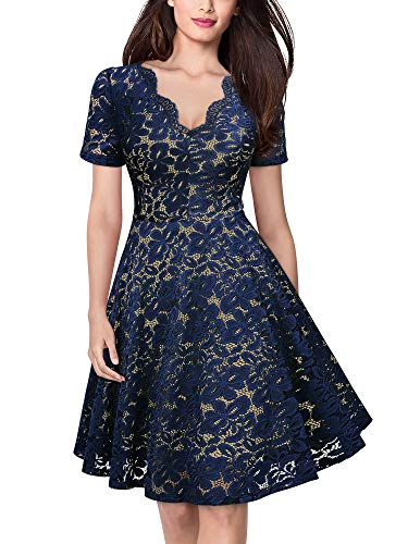 MISSMAY Women's Retro Full Lace Contrast V Neck Cocktail Party A-Line Dress, Large, Navy Blue