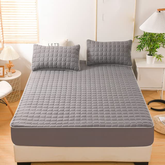 Thicken Quilted Gray Double Bed Sheet Cotton Mattress Cover Soft Breathable Elastic Fitted Sheet 150 180*200 Bed Linen Cover-HS,Only 2pc Pillowcases