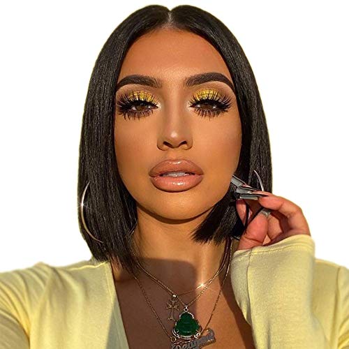 Lace Front Bob Wigs for Women 4x4 Lace Front Short Human Hair Bob Wigs 8 Inch Brazilian Straight Human Hair 180% Density Free Part Lace Closure Natural Black Color